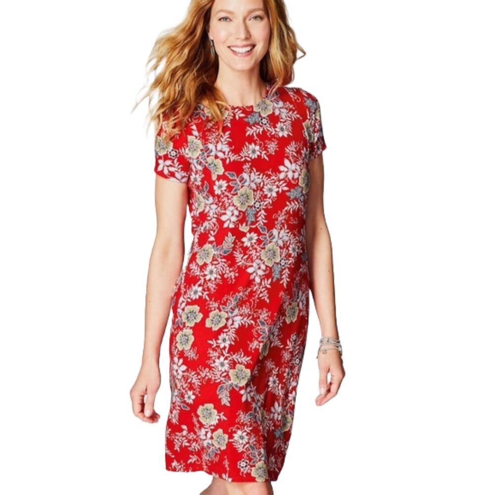 J. Jill Womens Size 8 Tall Floral Jersey Short Sleeve Dress Cotton-Blend Red